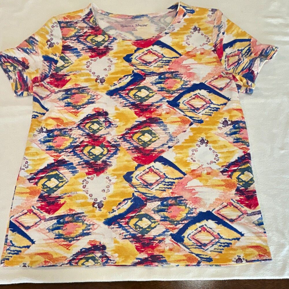 Rebecca Malone Women's L Multicolor Geometric Knit Scoop Neck Short Sleeve Tee